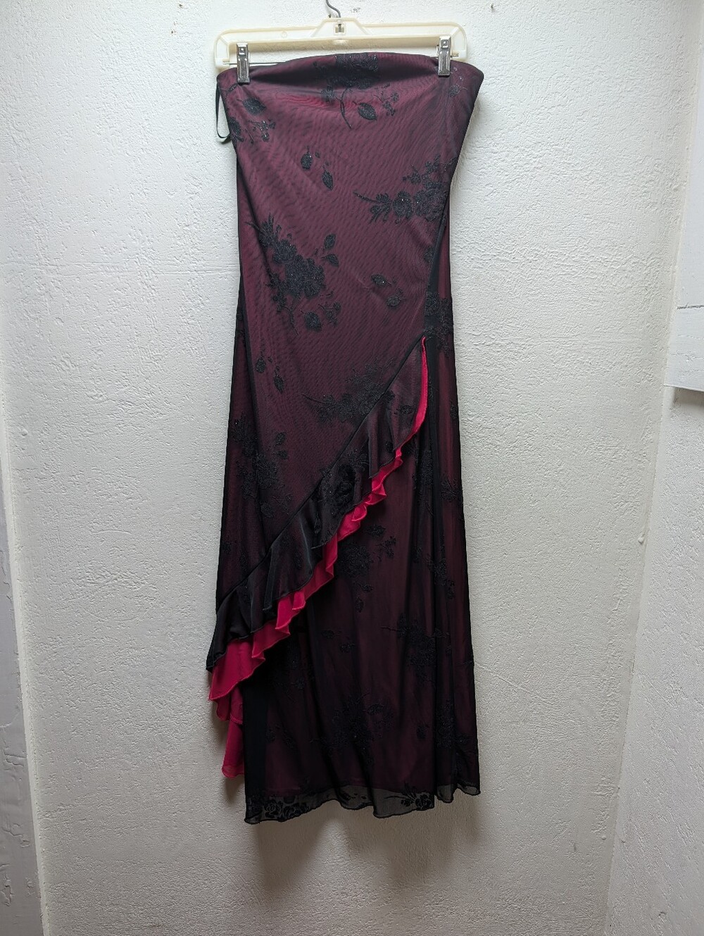 Vtg Y2K Whimsigoth Prom Dress Strapless Black Mesh Pink Floral Flocked Maxi Gown